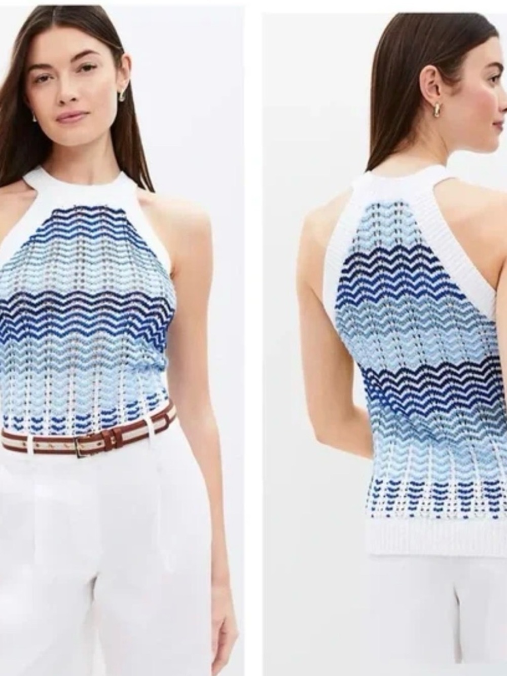 LOFT White Halter Tank with Blue Chevron Knit